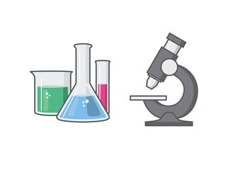 試験管、ビーカー、フラスコと顕微鏡のイラスト