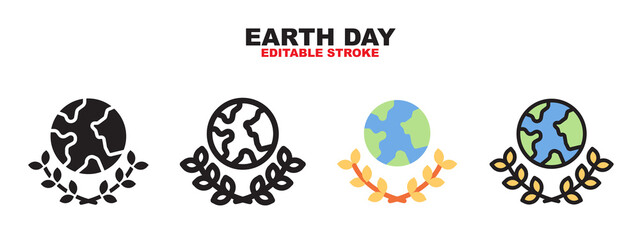 Earth Day icon set with different styles. Colored vector icons designed in filled, outline, flat, glyph and line colored. Editable stroke and pixel perfect. Can be used for web, mobile, ui and more.