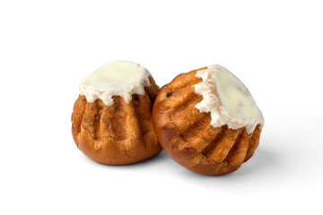 Sweet Rum Baba cake with powdered sugar glaze isolated on white background.