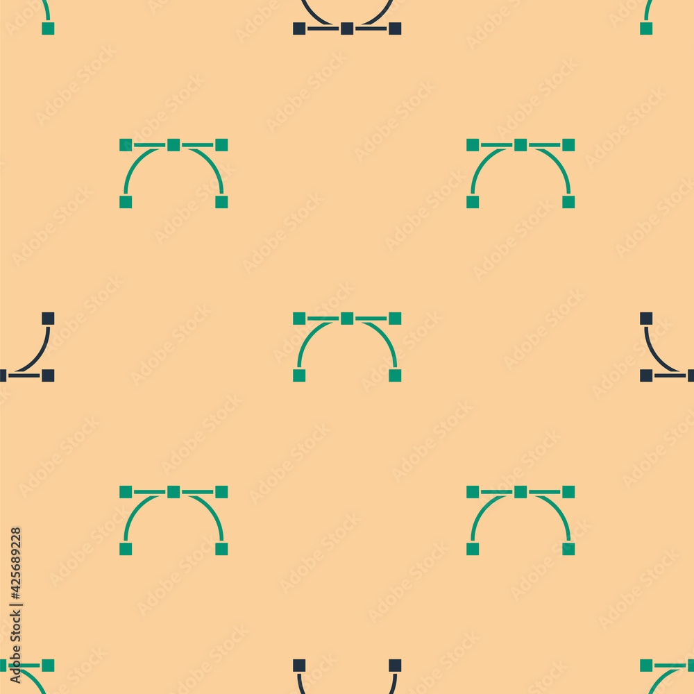 Poster green and black bezier curve icon isolated seamless pattern on beige background. pen tool icon. vect