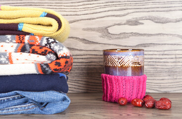 Clothes and hot tea in winter