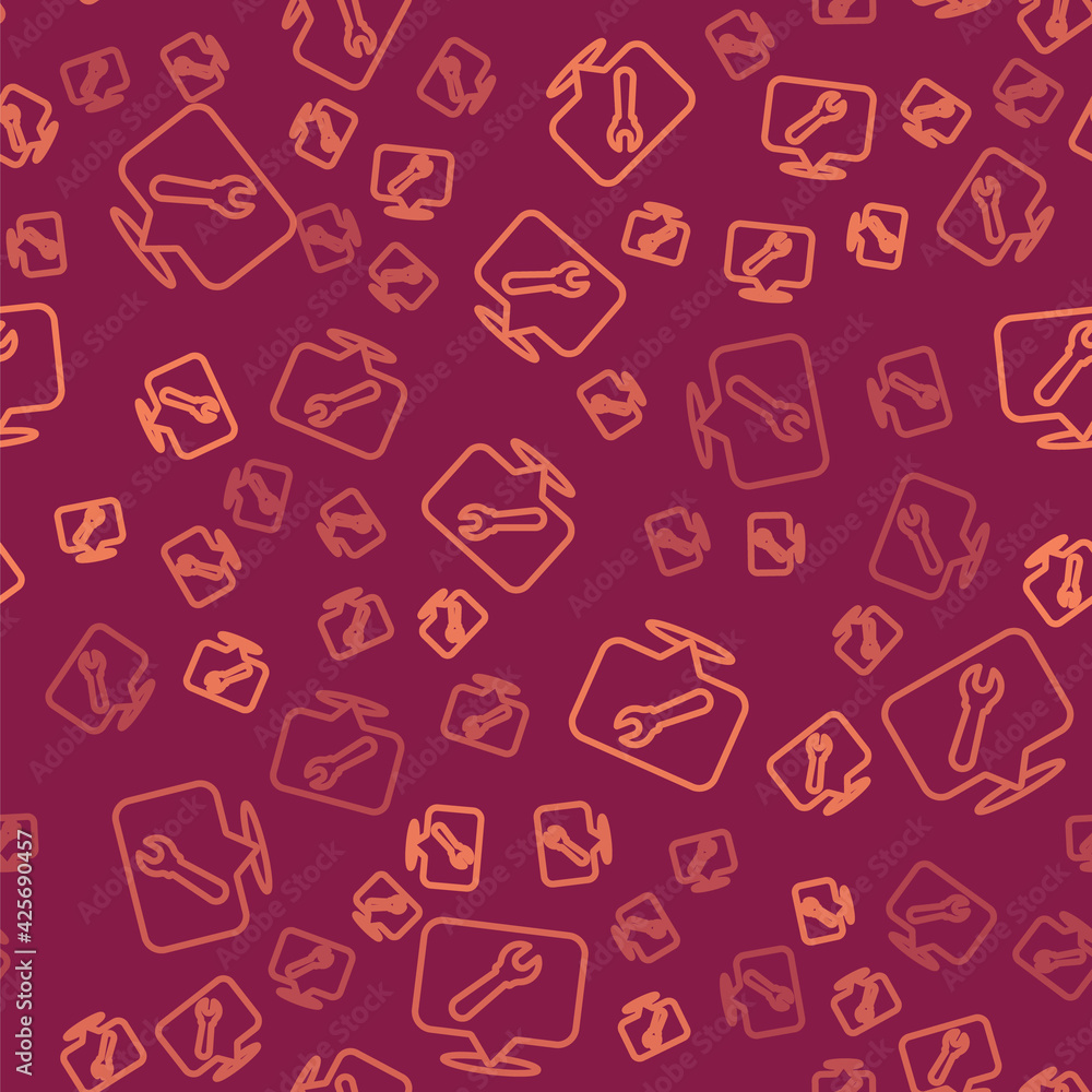 Poster brown line location with wrench spanner icon isolated seamless pattern on red background. adjusting,