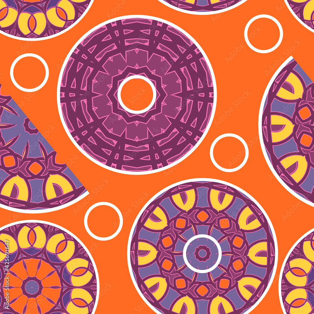 Poster seamless pattern of multicolored ornamented shapes and white circles on an orange background. vector
