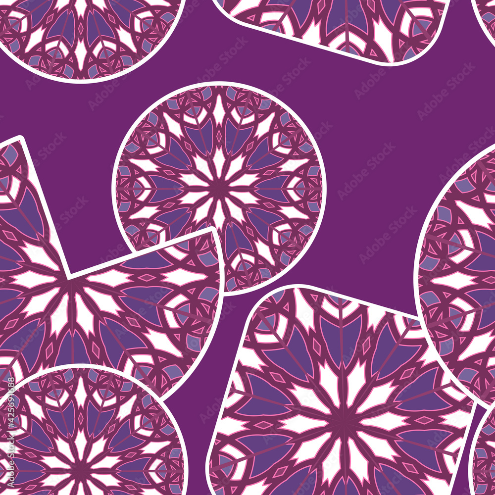 Poster Seamless pattern with ornamented geometric shapes randomly placed on a purple background. Vector illustration