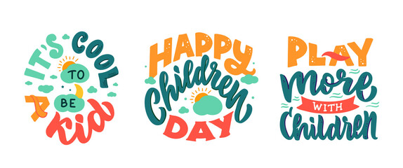The set of retro lettering phrases is about Happy Children day.