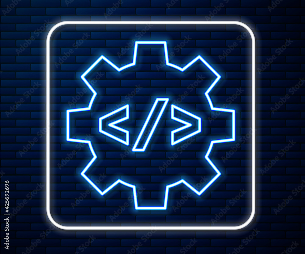Poster glowing neon line web design and front end development icon isolated on brick wall background. vecto