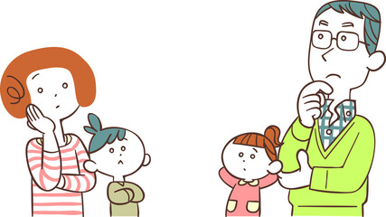 向かい合って考え事をする家族
