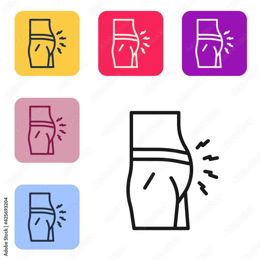Poster black line abdominal bloating icon isolated on white background. constipation or diarrhea. set icons