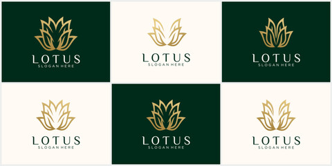 Set creative abstract lotus logo Nature abstract luxury logo with line art style and business card, flower logo circle abstract design template. lotus spa
