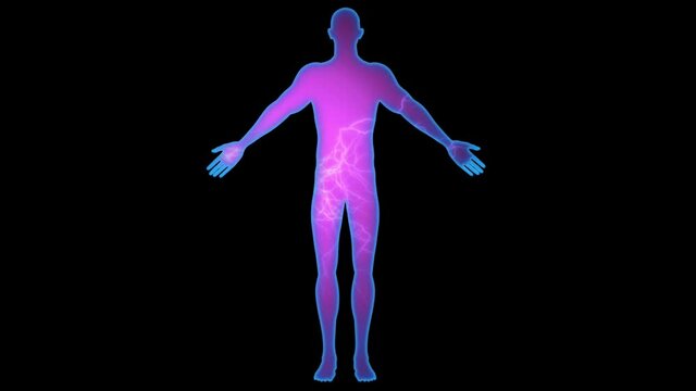 Glowing Human body . Man with electricy flowing inside .  3d animation render