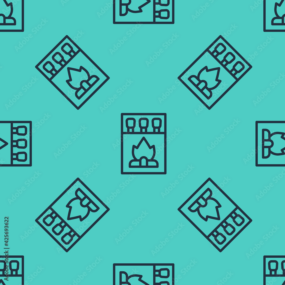 Poster black line open matchbox and matches icon isolated seamless pattern on green background. vector