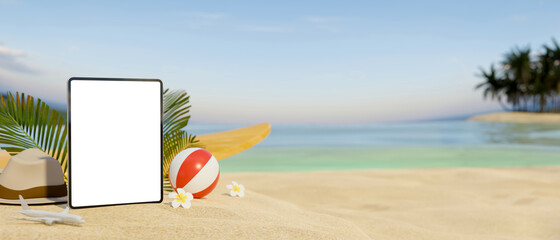 3D rendering, mock-up digital tablet on sand at beautiful beach background