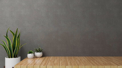 3D render, home decorations with houseplants pots and copy space on wooden table with grey loft wall background
