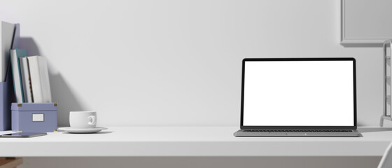 3D rendering, workspace with laptop, cup, office supplies, decorations and copy space in offie room, clipping path