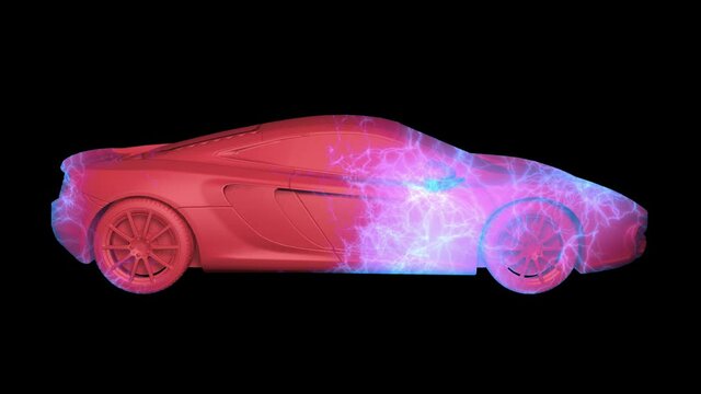 Electric car . Electricity , lightning bolts flowing in and around car. High contrast blue effect. 3d animation render