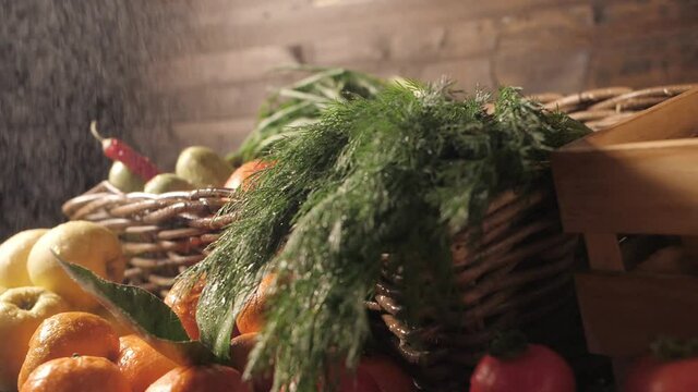 Assortment of fresh vegetables and fruits on wooden table