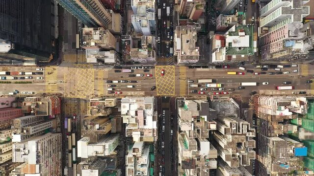 Aerial top down footage of traffic along the famous Nathan road in the very crowded Kowloon district in Hong Kong