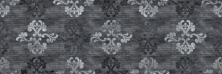 black damask pattern and cement texture background - obrazy, fototapety, plakaty
