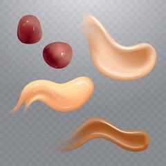 Set of realistic cosmetic cream smears. Skincare product of different body colors. Lotion smooth smear isolated vector texture on transparent background.