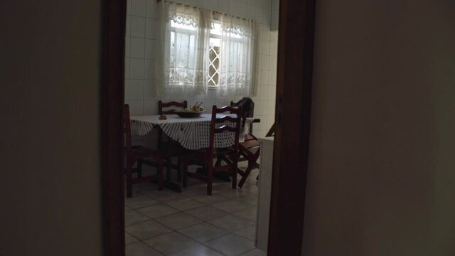 Monkey invades kitchen house through window and accidentally throws a chair to the ground, and then steals a fruit from the table in slow motion