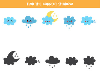 Find the correct shadows of cute clouds. Logical puzzle for kids.