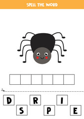 Spelling game for kids. Cartoon black spider.