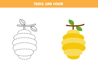 Trace and color cute bee hive. Worksheet for kids.