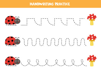 Trace the lines with cute ladybird. Writing practice.