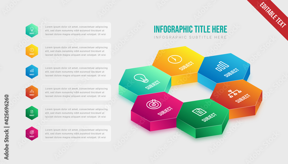 Poster Isometric infographic colorful gradient hexagon object template element design vector icon presentation editable text