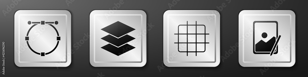 Poster set circle with bezier curve, layers, grid graph paper and graphic tablet icon. silver square button