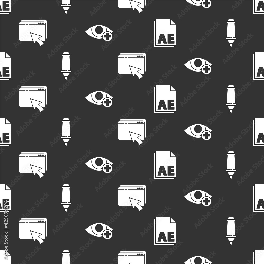 Poster set ae file document, marker pen, web design and development and red eye effect on seamless pattern.