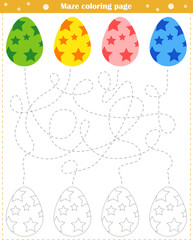  Logic game for children. Go through the maze and paint the eggs according to the pattern
