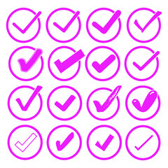 Check mark icon collection. Pink Marks on white background. 