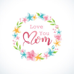 Happy Mother's Day poster and banner template with colorful flowers on white background. Vector illustration for women's day, shop, invitation, discount, sale, flyer, decoration.