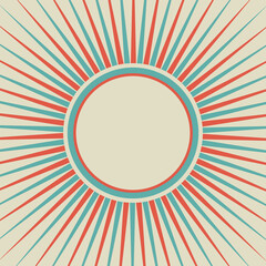 Sunlight retro background with vintage round frame for text. Red, blue and beige color burst background.