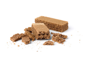 Chocolate wafers with crumbs isolated on white background.
