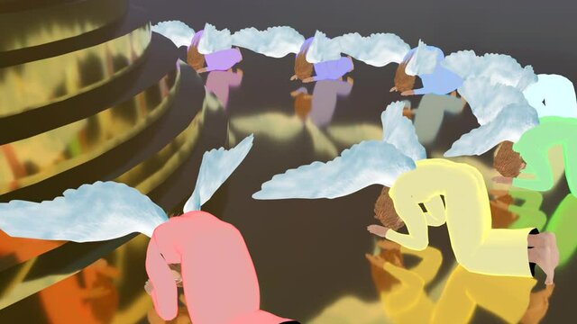 7 colored archangels prostrate before the throne, travel to the left