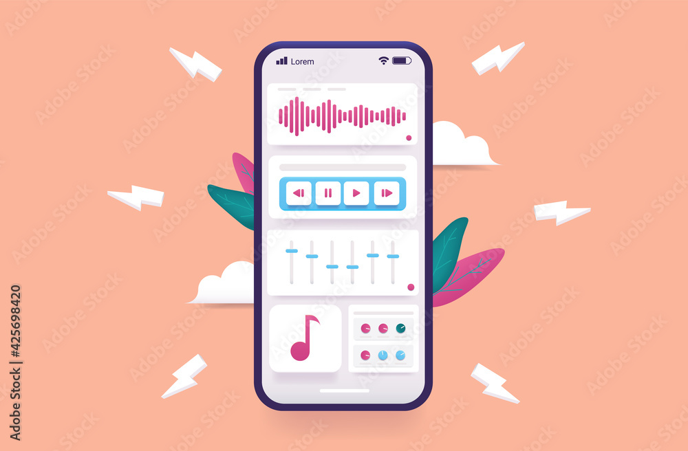 Poster Music creation app on smartphone - Vector illustration of mobile phone with audio application to create beats and samples. Technology and creativity concept.
