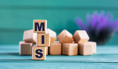 MIS - acronym on wooden cubes on a green background with lavender