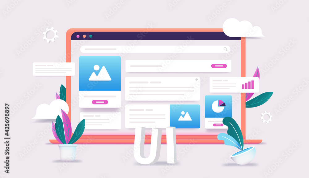 Leinwandbilder UI design profession concept- Laptop computer with screen full of user interface elements. Web design and layout concept in editable 3d vector illustration.