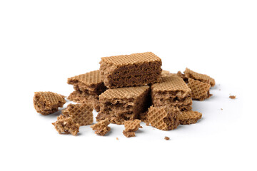 Chocolate wafers with crumbs isolated on white background.