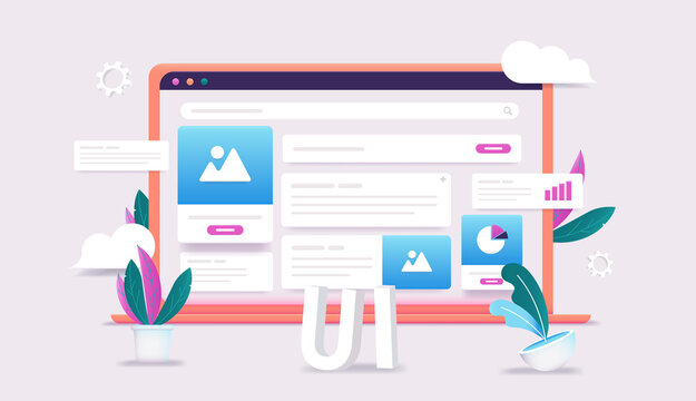 UI design profession concept- Laptop computer with screen full of user interface elements. Web design and layout concept in editable 3d vector illustration.