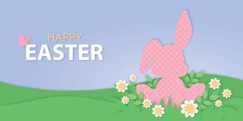 Happy Easter bunny on grass papercut illustration, cute rabbit on meadow, cut out daisy flowers, spring nature design