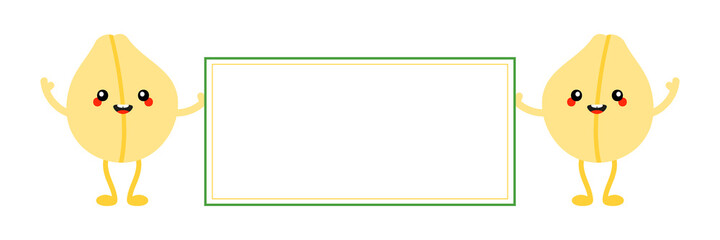 Couple of cute and smiling cartoon style chickpeas, chick pea seed character holding blank card, banner.