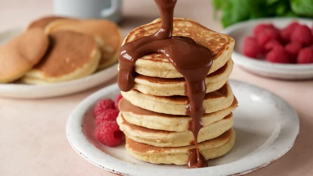 Chocolate sauce pouring on stack of pancakes. Delicious buttermilk american pancakes served with fresh raspberries and chocolate syrup
