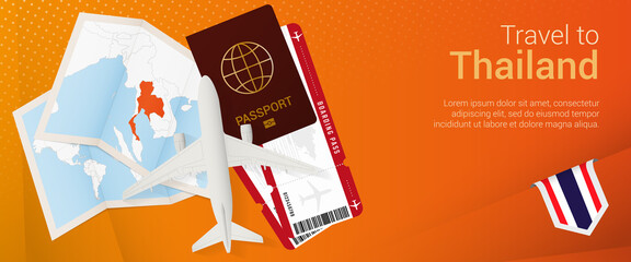 Travel to Thailand pop-under banner. Trip banner with passport, tickets, airplane, boarding pass, map and flag of Thailand.