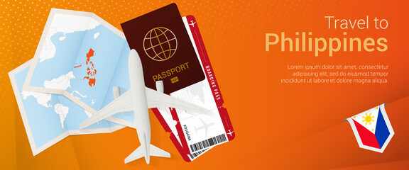 Travel to Philippines pop-under banner. Trip banner with passport, tickets, airplane, boarding pass, map and flag of Philippines.