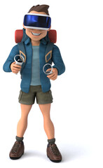 Fun 3D Illustration of a backpacker with a VR Helmet