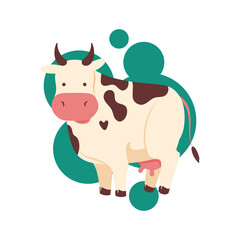 Funny brown and white spotted cute cow or bull character standing, cartoon vector illustration isolated on white background. Funny cow character drawing. Cartoon Farm Pets. Brightly colored children's