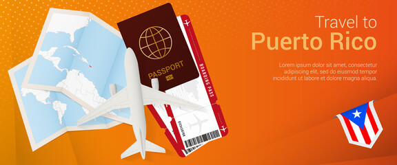 Travel to Puerto Rico pop-under banner. Trip banner with passport, tickets, airplane, boarding pass, map and flag of Puerto Rico.